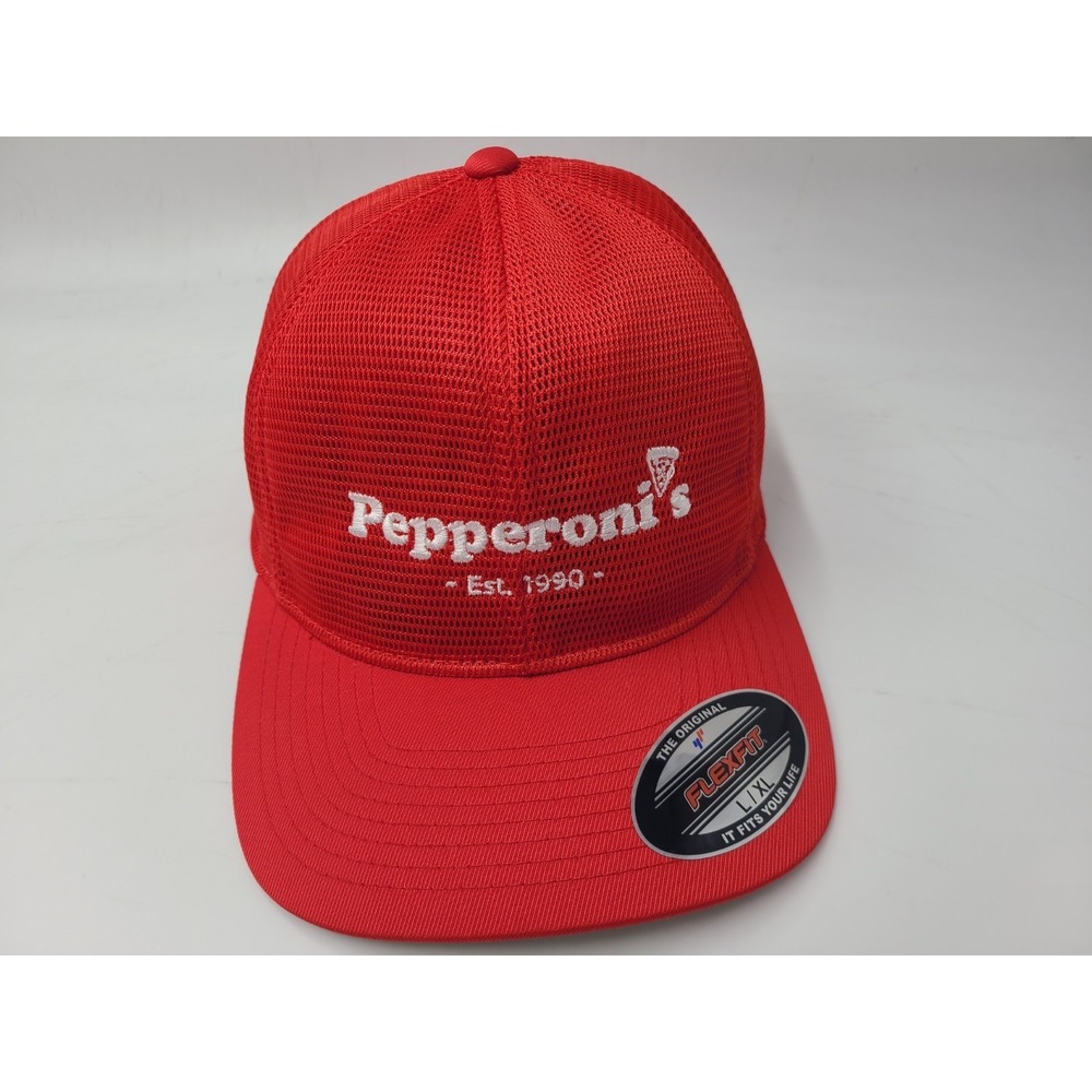 Pepperonis Pizza Est 1990 Full Mesh Flex Fitted L-XL Hat Cap Houston Chain Red